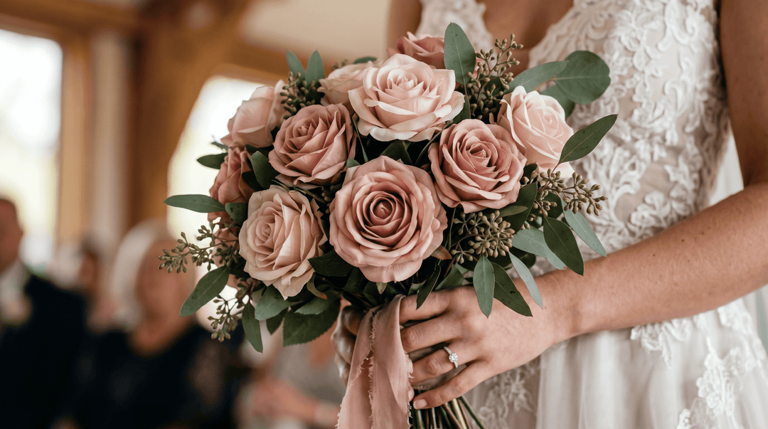Macro shot of a bride holding a hyper-realistic faux rose bouquet with real-touch blush and dusty rose latex roses mixed with fresh eucalyptus.