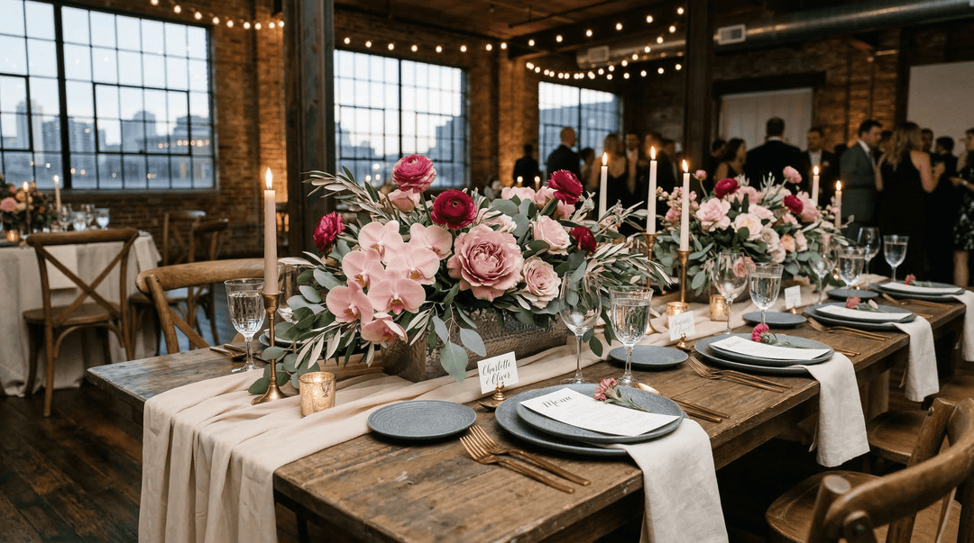 Minimalist outdoor ceremony with an ombré pink floral installation, fading from blush ivory at the edges to hot pink and fuchsia in the center.