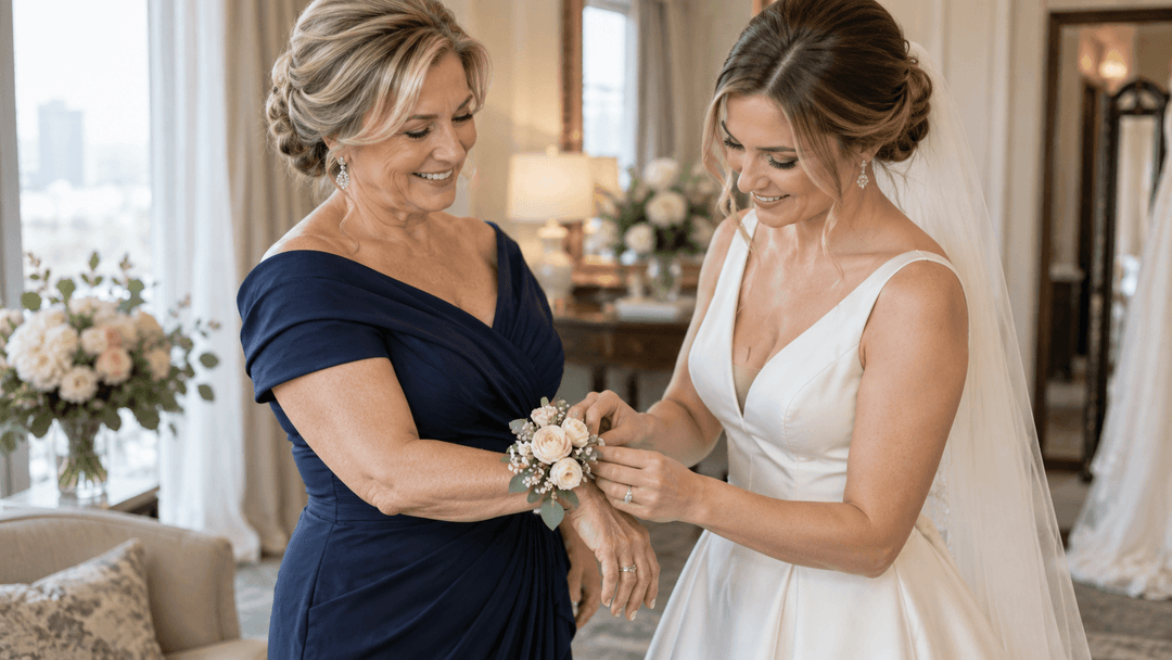 Mother of the bride in a navy dress wearing an ivory and blush wedding wrist corsage while the bride adjusts it before the ceremony.