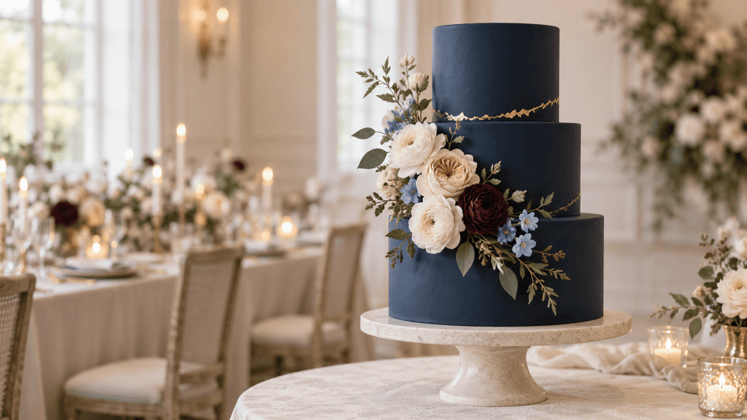 Navy blue wedding cake flowers with ivory, blush, burgundy, and powder-blue blooms arranged asymmetrically on a three-tier cake.