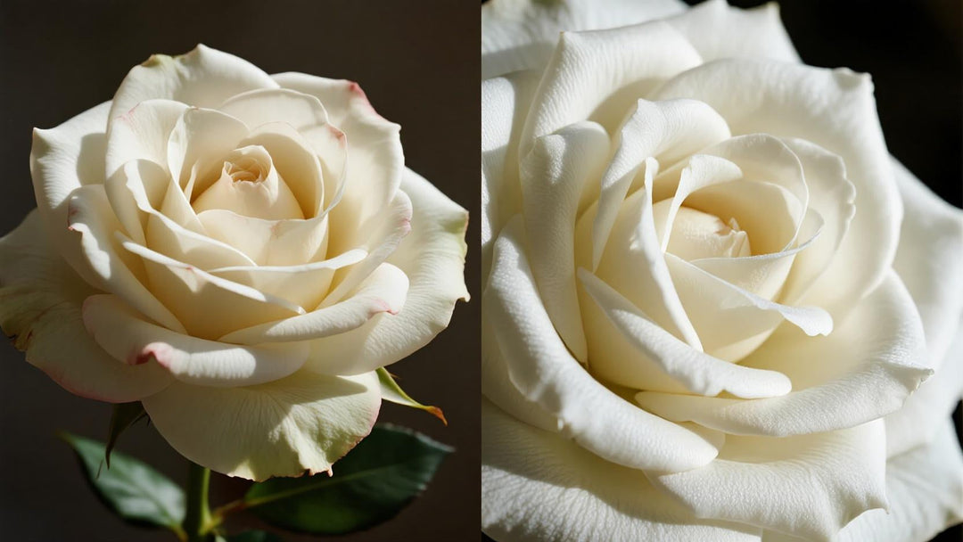 On the left A fresh white rose, On the right A artificial white rose
