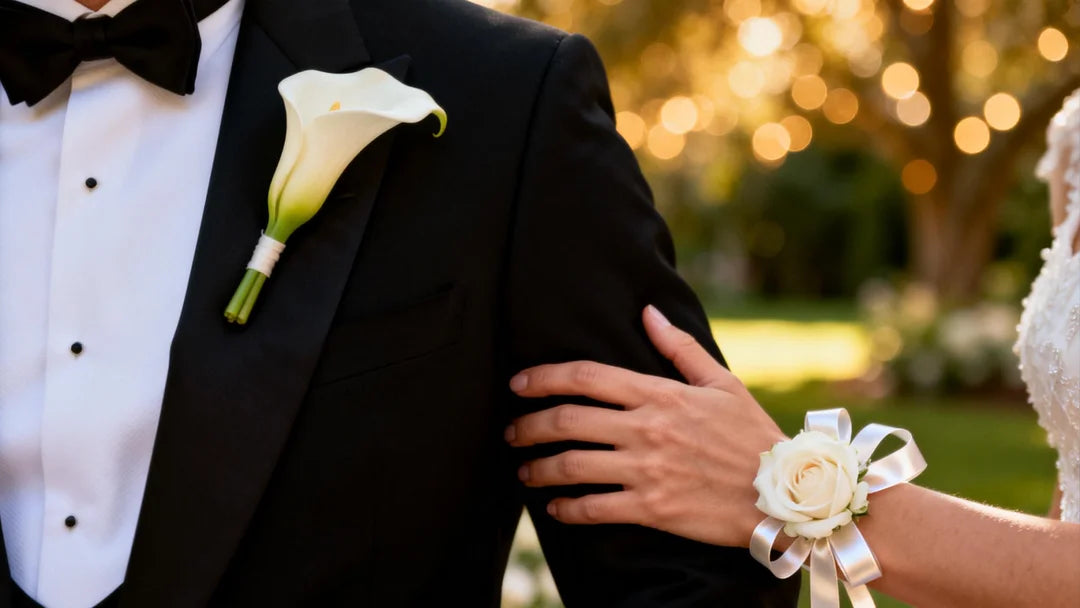 On the left, a groom in a sharp black tuxedo wearing a elegant white Calla Lily boutonniere on his left lapel. On the right, a bride's hand resting on his arm, wearing a delicate white rose wrist corsage with silk ribbon