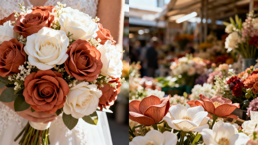 On the left, a ultra-realistic, luxurious bridal bouquet made of "Real Touch" artificial flowers. On the right, a blurred background of a chaotic, expensive traditional flower market