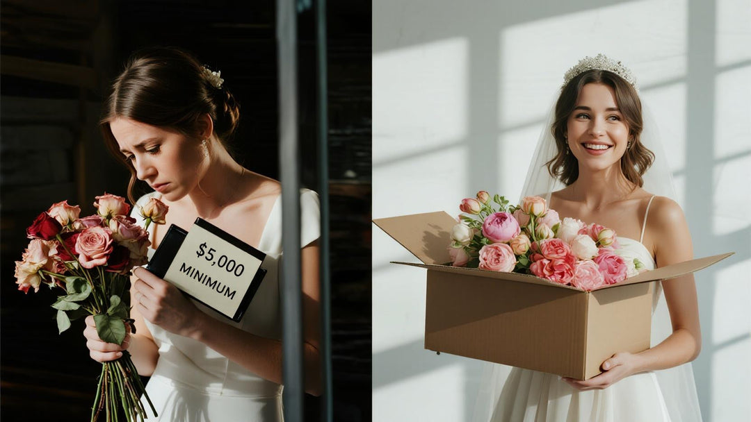 On the left: A wilting, slightly brown bouquet of real roses with a large, heavy price tag  "$5,000 MINIMUM". On the right: A happy, relaxed bride is holding a perfect-looking silk peony bouquet