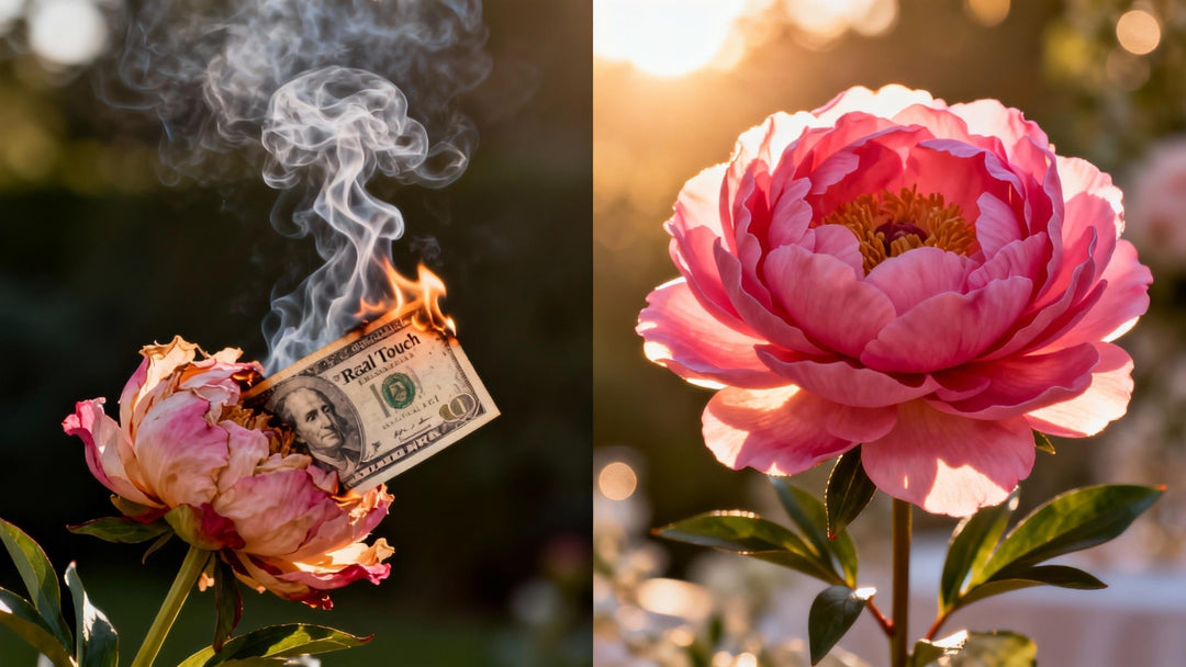 On the left side: a beautiful but slightly wilting fresh peony flower. On the right side: a vibrant, perfect, high-end "Real Touch" artificial peony