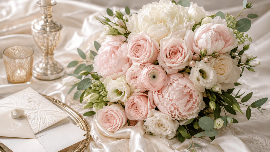 Pale blush wedding flowers with garden roses, peonies, ranunculus, ivory blooms, and soft sage greenery in a romantic bridal bouquet.