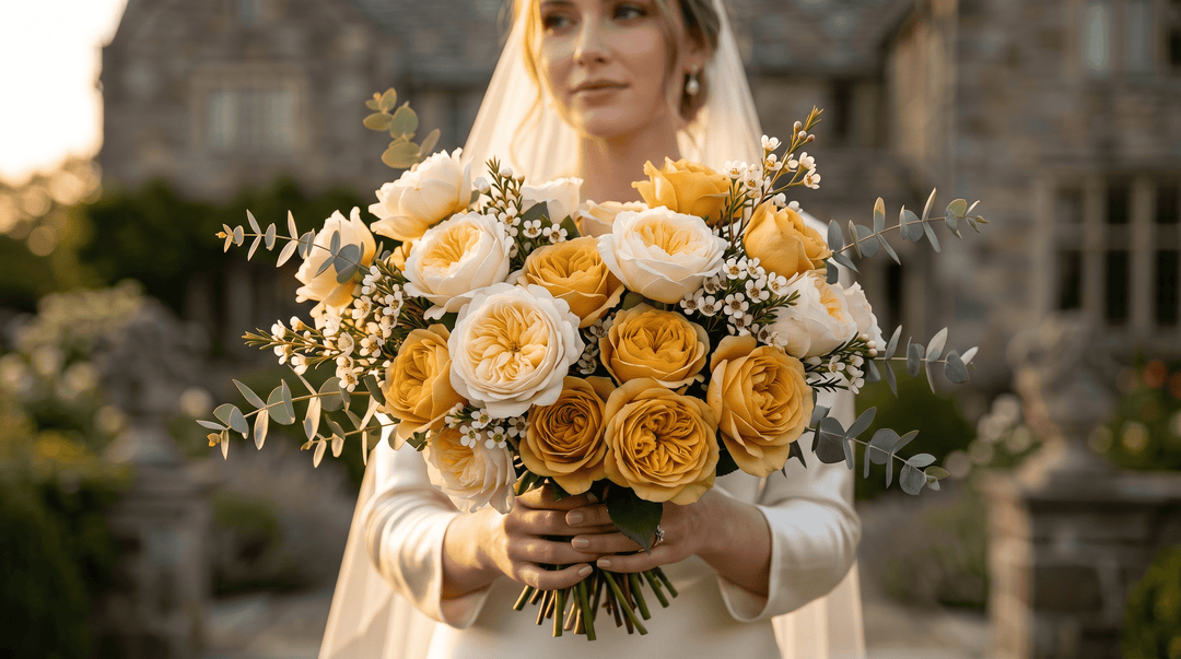 Photorealistic Vogue-style bridal bouquet with Beatrice and Golden Mustard roses, wax flowers, and sage eucalyptus.