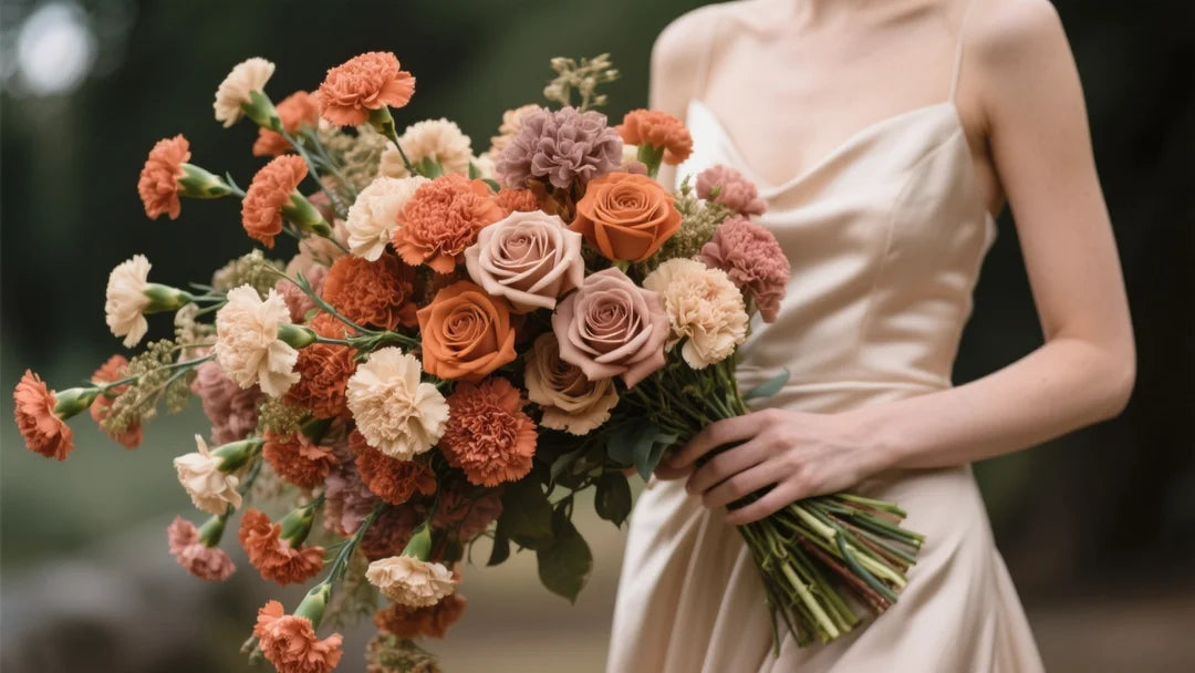 Photorealistic Vogue-style shot of an oversized cascading bouquet with terracotta, beige, and dusty rose carnations mixed with Toffee roses.