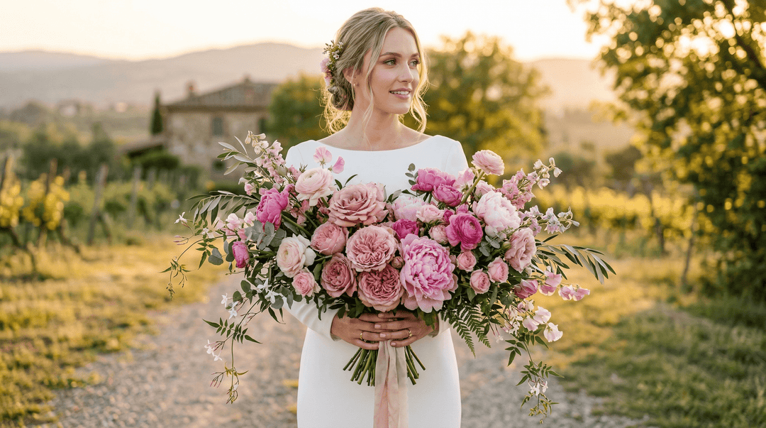 Photorealistic cinematic shot of a massive bridal bouquet with dusty rose, blush, and magenta peonies, garden roses, and ranunculus.