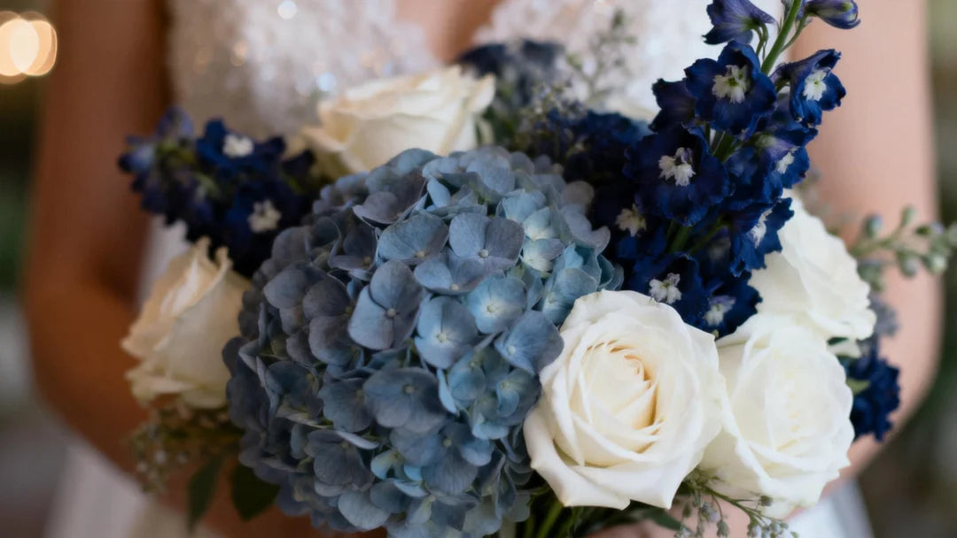 Photorealistic wedding photography, close-up of a luxurious bridal bouquet featuring dusty blue hydrangeas, deep navy delphiniums, and white roses