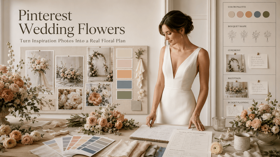Pinterest Wedding Flowers inspiration board transformed into a realistic wedding floral plan with bouquet, color swatches, ceremony décor, and reception flowers.