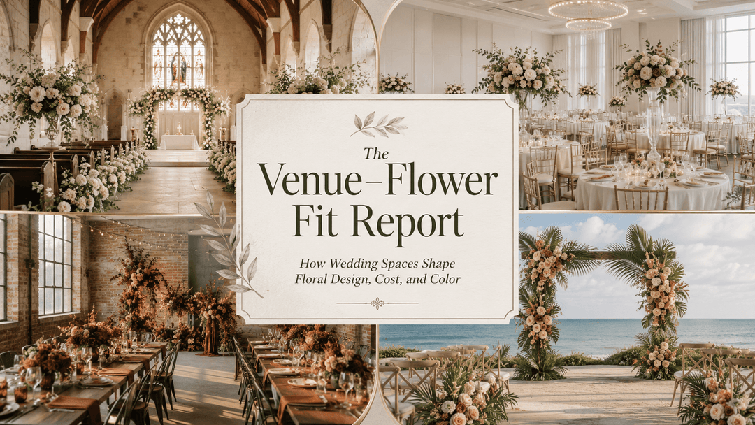 Premium wedding industry report cover showing four venue styles historic chapel with ivory aisle flowers, modern ballroom with tall centerpieces, industrial loft with terracotta and burgundy florals, and coastal ceremony with tropical flowers.