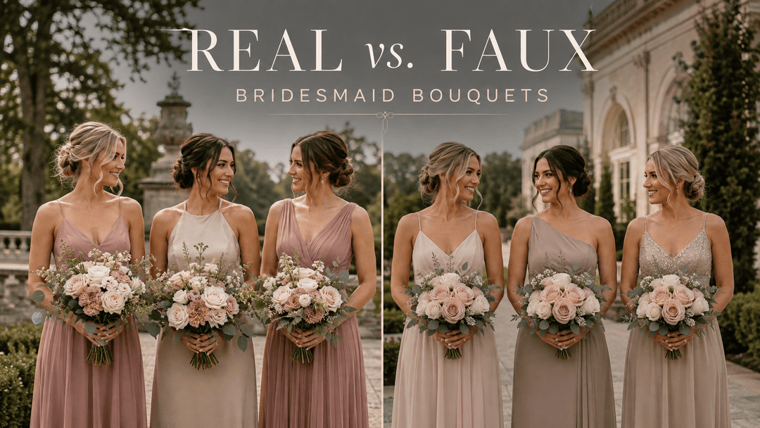 Real vs. faux bridesmaid bouquets compared by six bridesmaids holding coordinated blush, ivory, and greenery wedding bouquets.