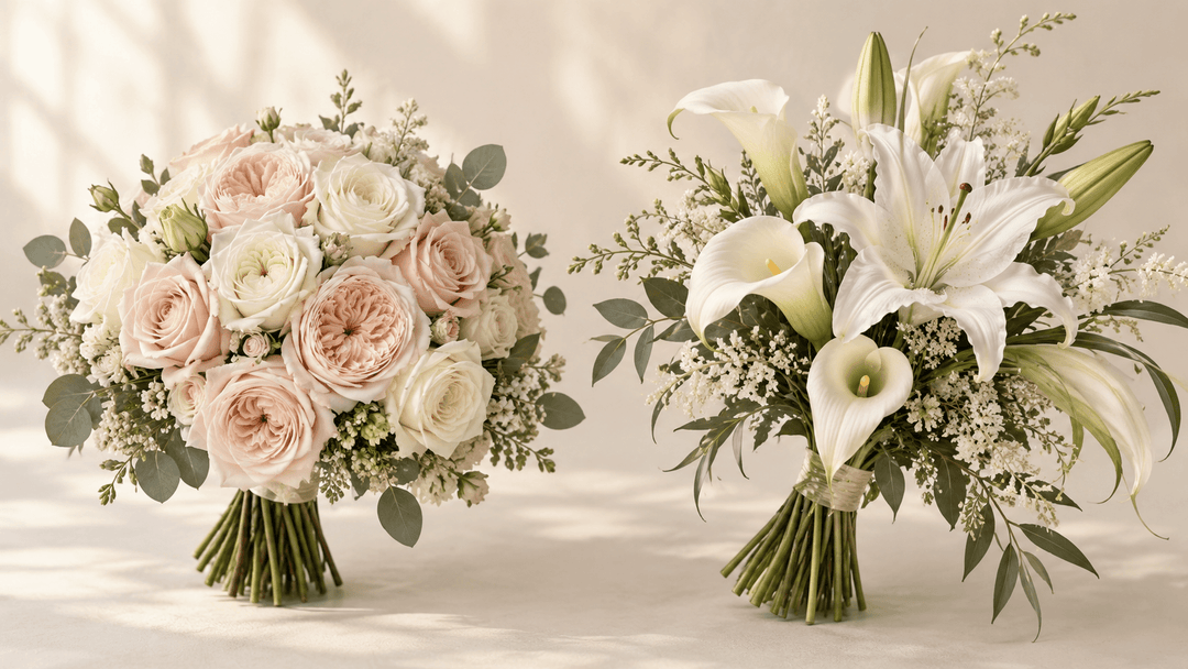 Roses vs lilies wedding bouquets showing a rounded rose bouquet beside an open lily and calla lily bouquet
