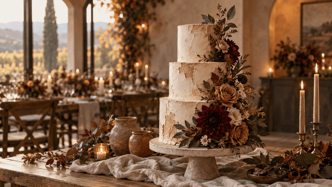 Rustic wedding cake with terracotta buttercream texture, burgundy flowers, and ivory fall wedding details