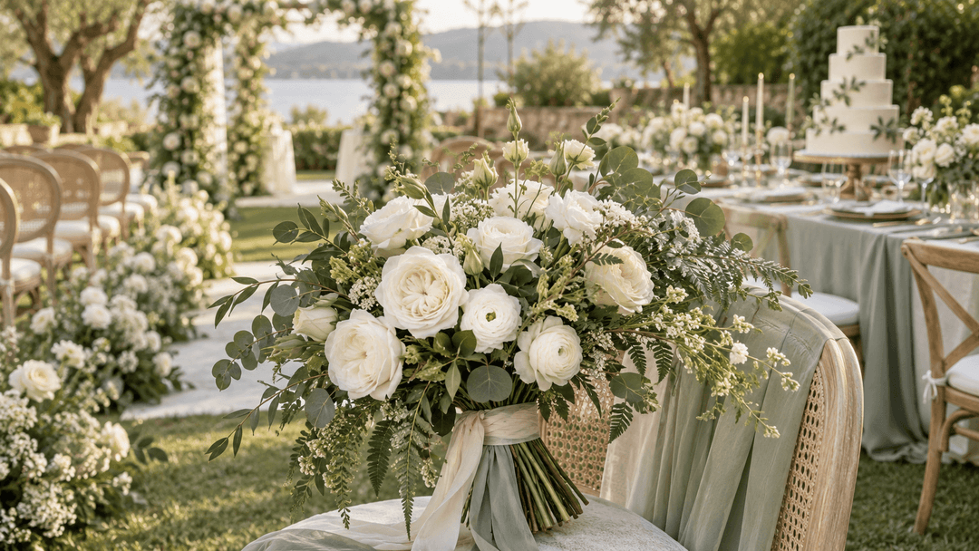 Sage green wedding decor with an ivory bridal bouquet, eucalyptus aisle flowers, reception centerpieces, and a floral wedding cake.