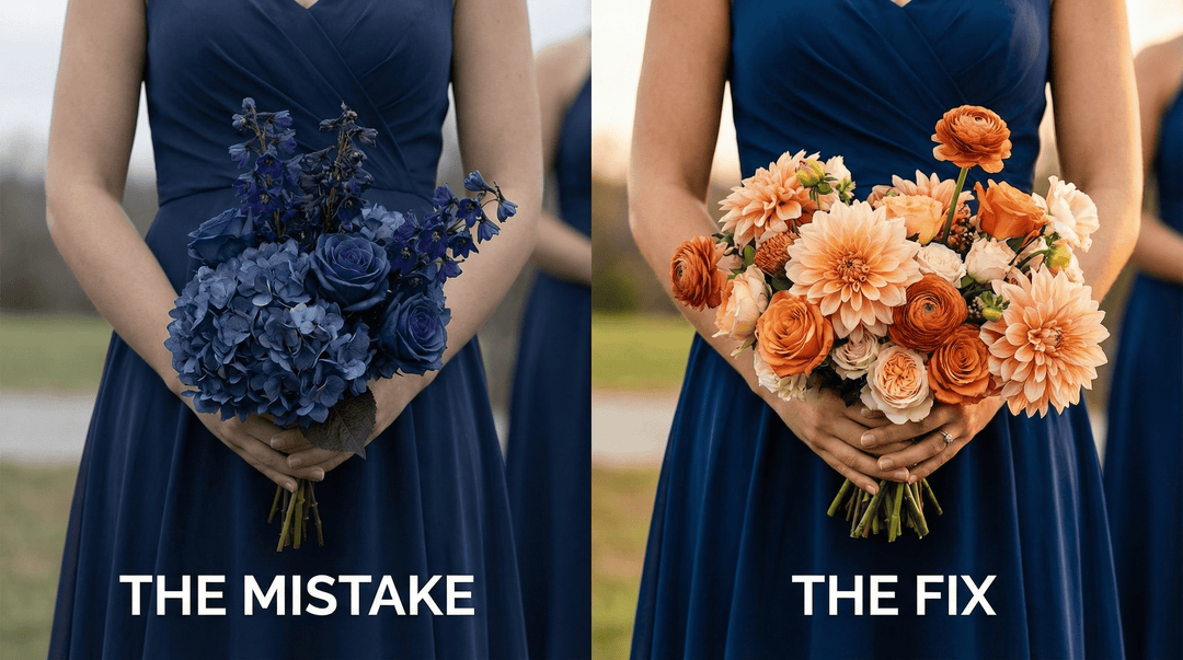 what color flowers go with navy blue bridesmaid dresses Navy blue bridesmaid dress + coral bouquet