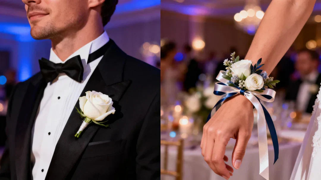 Split screen composition. Left side A sharp, tuxedo-clad groom wearing a perfect, fresh white rose boutonniere on the left lapel. Right side An elegant wrist wearing a modern, stylish floral corsage with ribbon