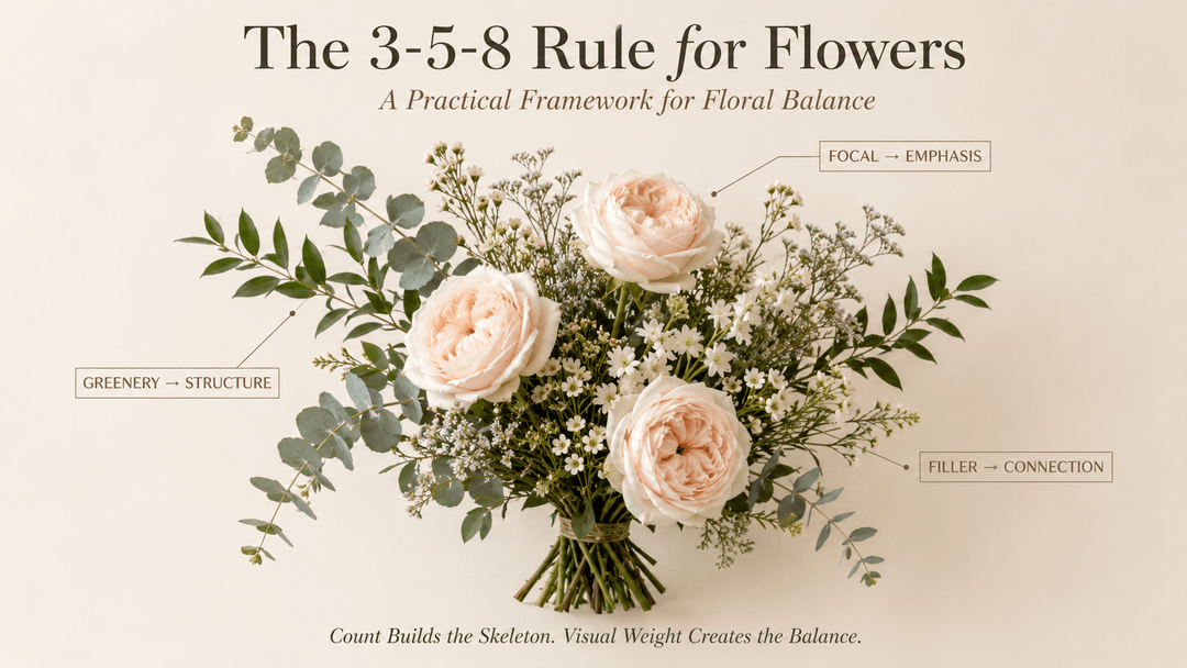 The 3-5-8 Rule for Flowers illustrated with three focal roses, five greenery stems, and eight filler stems in a balanced wedding bouquet.
