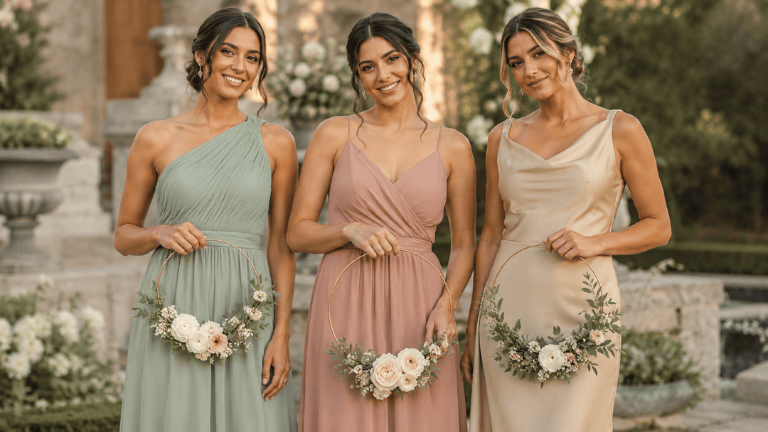 Three bridesmaids holding ivory, blush, and greenery bridesmaid hoop bouquets with brass rings at an elegant garden wedding.