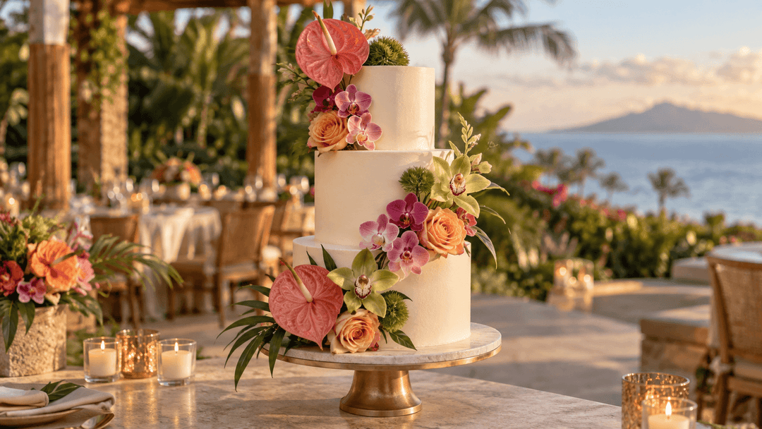 Tropical wedding cake flowers in orange, pink, and green decorating an ivory destination wedding cake.