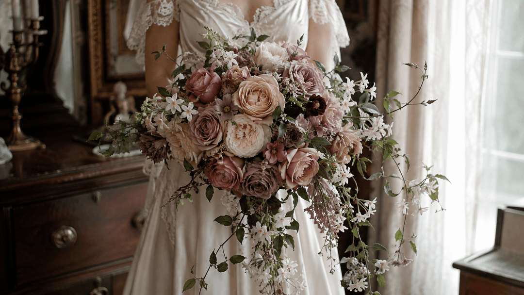 Vintage wedding flowers in dusty rose, champagne, mauve, and ivory arranged in a romantic cascading bridal bouquet.