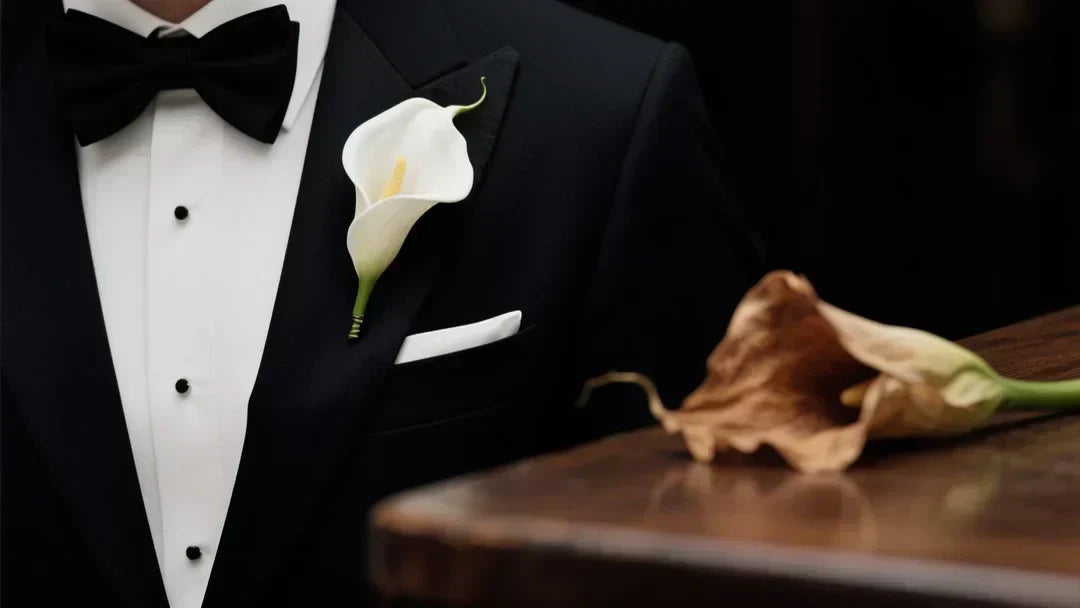 Vogue-style close-up of a groom’s black tux lapel with a flawless white calla lily boutonniere; in the blurred background, a wilted calla lily lies on a table.