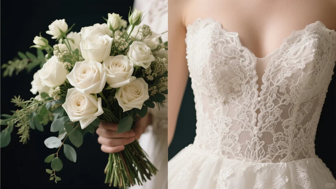 Vogue-style split-screen left, a luxe silk bouquet with ivory garden roses and cascading greenery; right, a close-up of a haute couture lace bodice.