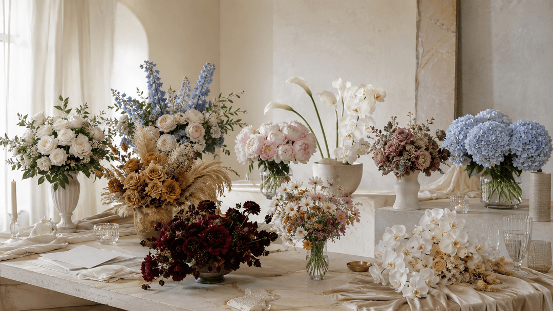 Wedding Aesthetics represented through classic, garden, boho, romantic, modern, vintage, coastal, Gothic, whimsical, and luxe wedding flowers.