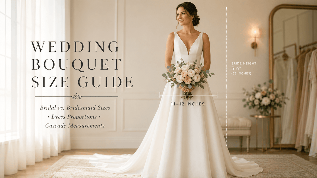 Wedding Bouquet Size Guide showing a bride with an 11–12 inch bridal bouquet proportioned to an A-line wedding dress.