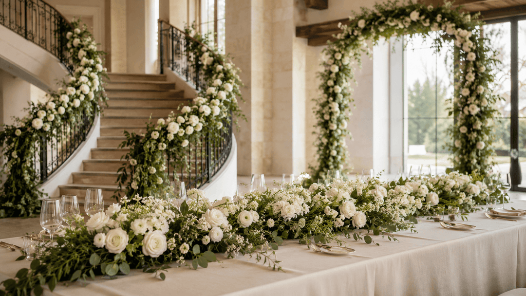Wedding Flower Garlands decorating a reception table, staircase, and ceremony arch with ivory flowers and greenery.