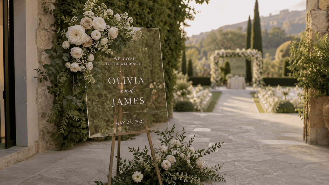 Wedding Welcome Sign Flowers on a large acrylic sign with top-corner florals and a ground arrangement displayed on a sturdy easel.