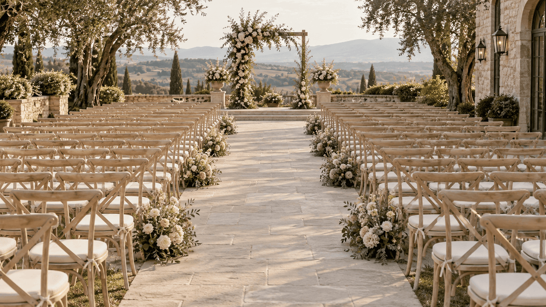 Wedding aisle flower arrangements placed along alternating ceremony chair rows on both sides of a center aisle.