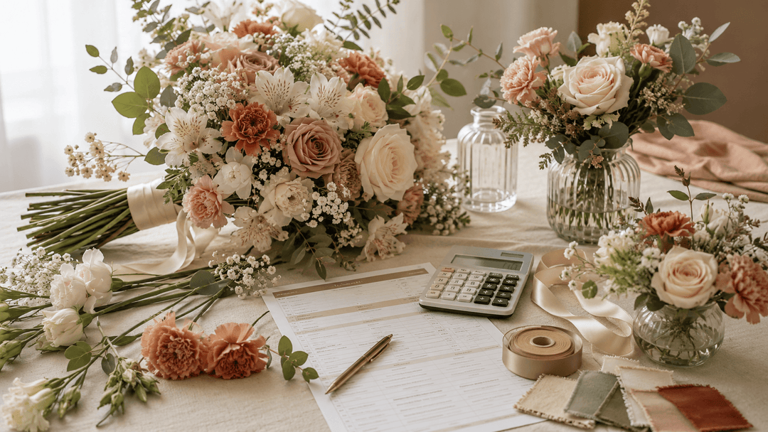 Wedding budget scene with bouquet, centerpieces, carnations, baby’s breath, silk flowers, calculator, ribbons, and vases.