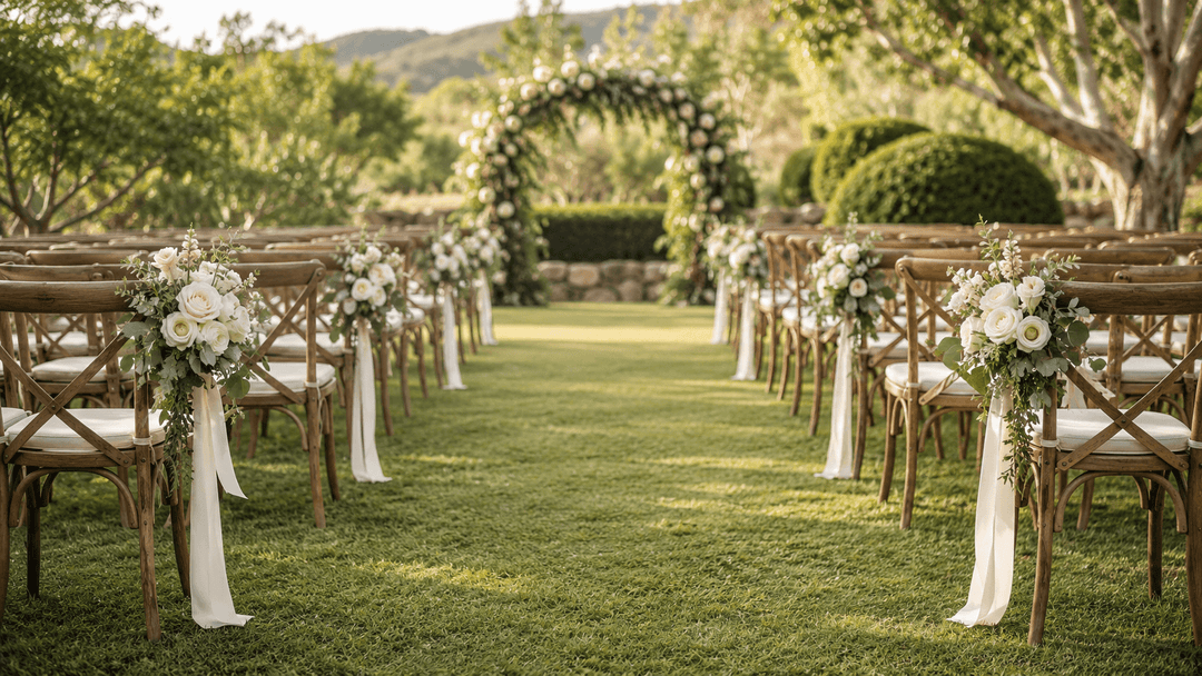 Wedding chair decorations with flowers featuring ivory roses, greenery, and chiffon ribbons along an elegant ceremony aisle.