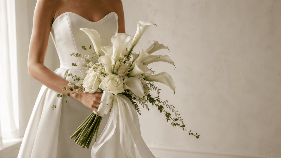Wedding editorial cover with a bride in a white gown holding an elegant white calla lily bouquet with flowing ribbon.