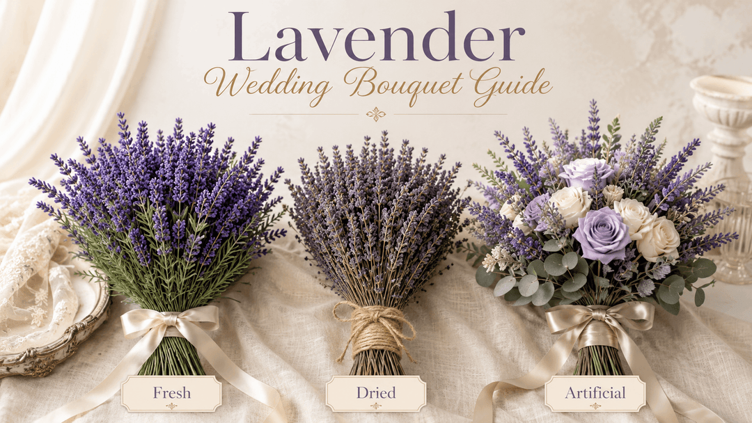 Wedding floral comparison cover featuring fresh, dried, and realistic artificial lavender bouquets on neutral linen.