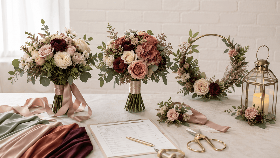 Wedding planning scene with small fresh, realistic silk, and modern bridesmaid bouquet options on a neutral table.