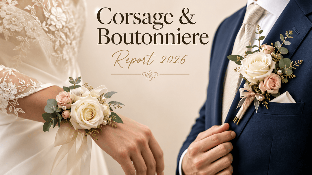 Wedding report cover comparing a wrist corsage and boutonniere styled with roses, eucalyptus, ribbon, and pearl accents.