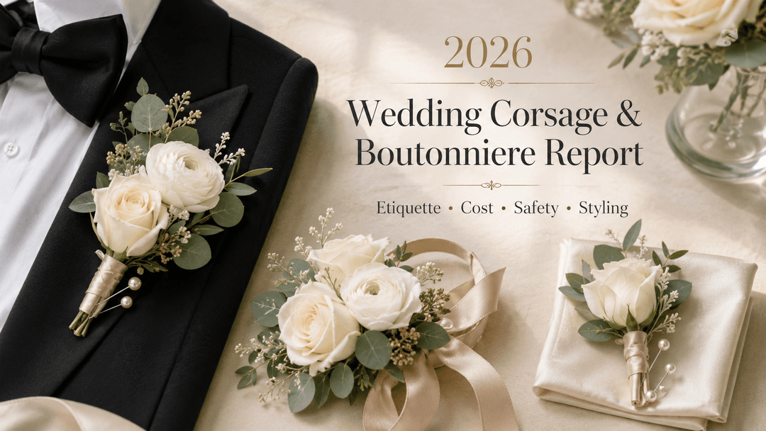 Wedding report cover featuring a groom’s boutonniere, mother-of-the-bride corsage, and pocket square boutonniere.