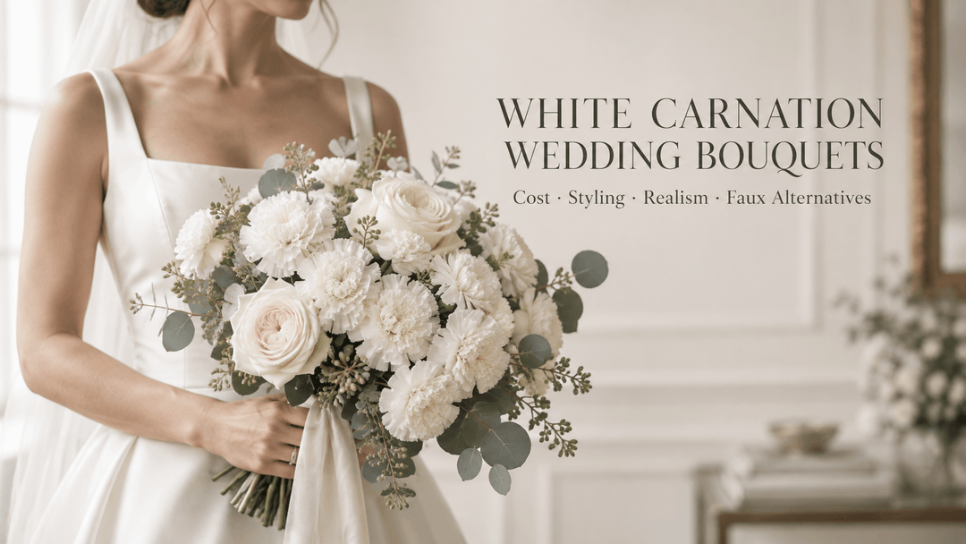 White carnation wedding bouquet with ivory roses and eucalyptus held by a bride in an ivory wedding dress.