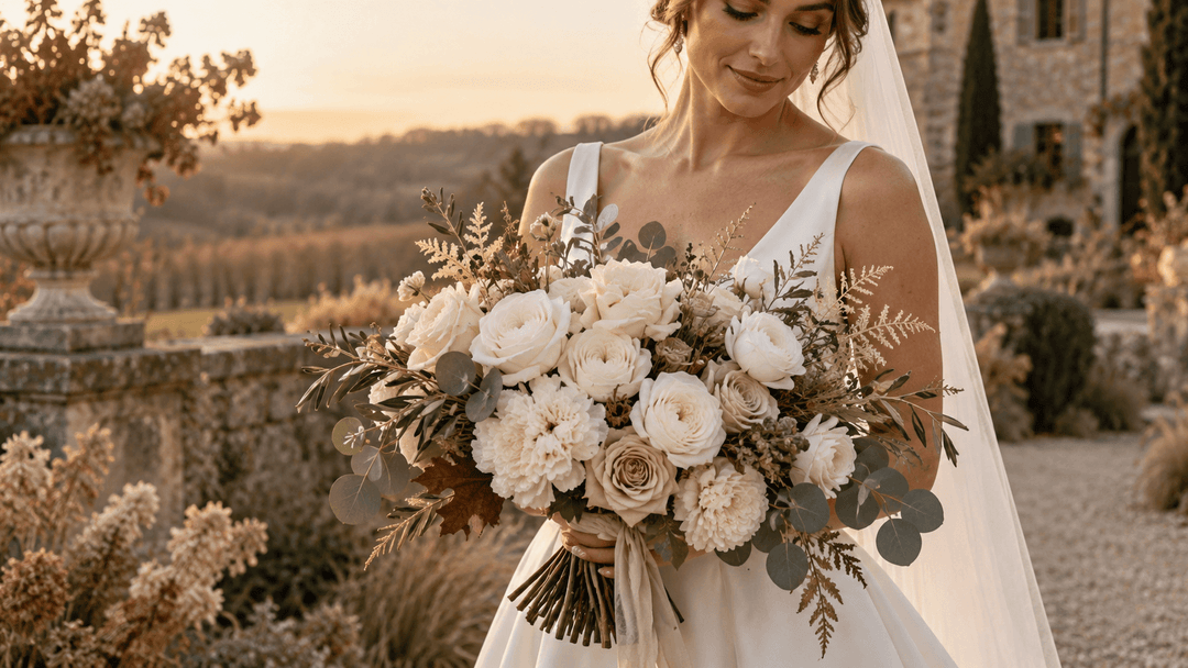 White fall wedding flowers with ivory roses, cream ranunculus, olive, eucalyptus, and brown foliage in a neutral autumn bridal bouquet.