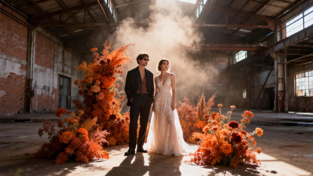 a bride and groom in an industrial warehouse with exposed brick and steel beams, sunlight filtering through dust. Vibrant burnt orange and terracotta floral arrangements contrast the gritty backdrop