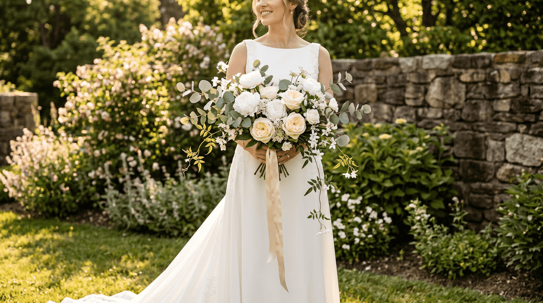 a bride holding a deconstructed, modern white flower bouquet featuring artificial real-touch peonies, warm cream garden roses, and silver dollar eucalyptus