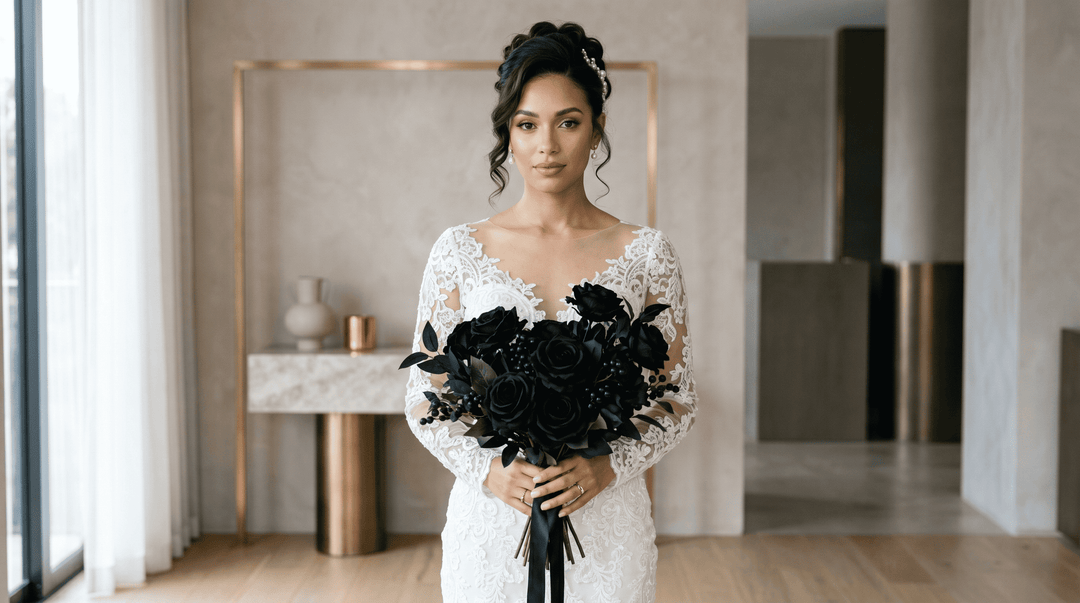 a bride holding a hyper-realistic, jet-black artificial rose bouquet
