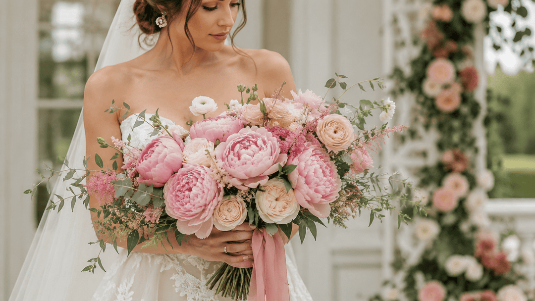 a bride holding a lush pink peony bridal bouquet, with soft blush, dusty rose, and cream tones