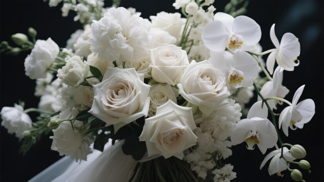 a chaotic but luxurious white wedding floral arrangement. The bouquet features a mix of Garden Roses, Peonies, and cascading Phalaenopsis Orchids
