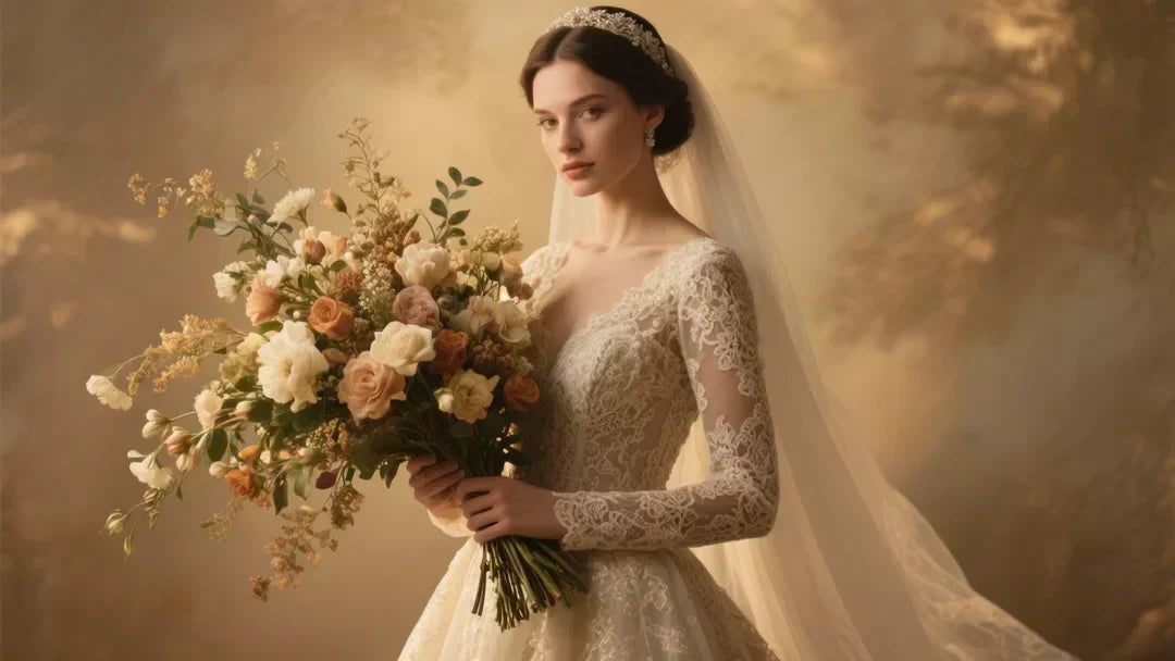 a confident bride in a luxurious, detailed lace wedding gown, holding a stunning, large artistic floral bouquet