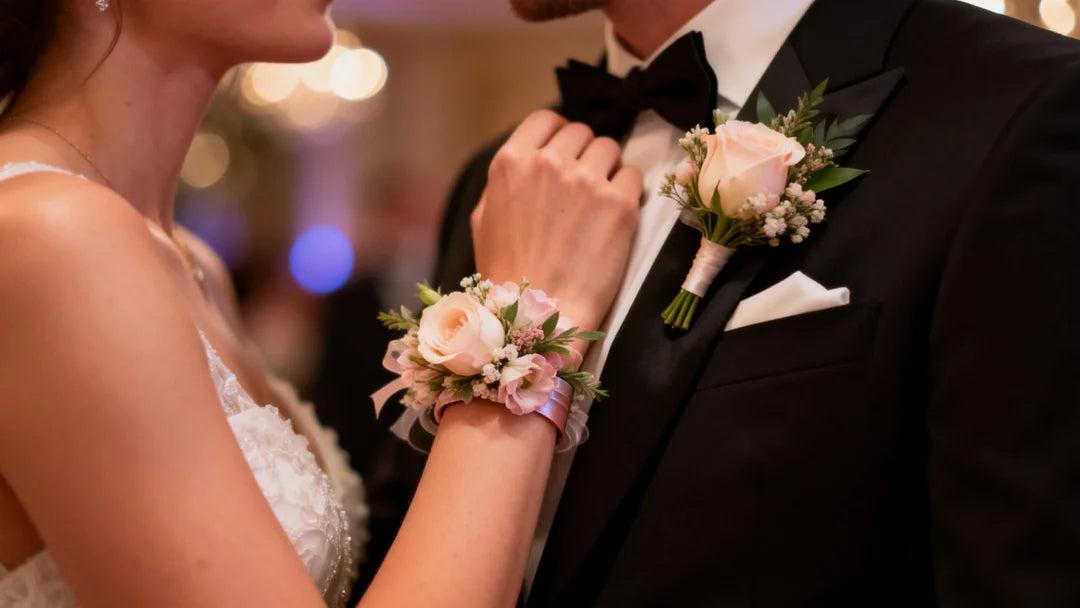 a delicate wrist corsage on a woman's wrist and a matching elegant boutonniere on a man's lapel