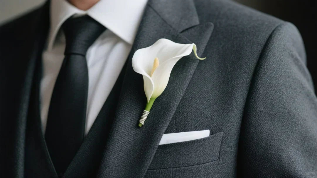 a groom's left chest wearing a perfectly proportioned white miniature calla lily boutonniere